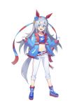  1girl :d absurdres animal_ears belt blue_boots blue_eyes blue_jacket blue_sports_bra boots clenched_hands commentary_request ear_covers fang fingerless_gloves full_body gloves grey_hair grey_tail hair_between_eyes hairband headband highres horse_ears horse_girl horse_tail jacket lightning_bolt_print long_hair long_sleeves looking_at_viewer midriff multicolored_hairband navel open_clothes open_jacket open_mouth p_changgun pants pants_rolled_up petite red_belt shoes simple_background smile solo sports_bra standing striped_clothes striped_hairband tachi-e tail tamamo_cross_(fast_as_lightning)_(umamusume) tamamo_cross_(umamusume) two-tone_hairband umamusume v-shaped_eyebrows white_background white_gloves white_pants 