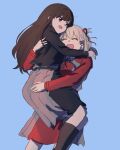  2girls black_dress black_hair black_socks blonde_hair blue_ribbon carrying carrying_person commentary dress grey_dress hair_ribbon highres ini_yoy inoue_takina kneehighs long_hair long_sleeves lycoris_recoil lycoris_uniform multiple_girls neck_ribbon nishikigi_chisato one_side_up open_mouth purple_eyes red_dress red_ribbon ribbon short_hair sidelocks socks two-tone_dress yuri 