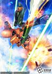  asshimar beam_rifle blue_sky clenched_hand cloud commentary_request company_name copyright_logo copyright_name copyright_notice day debris energy_gun explosion firing green_eyes gun gundam gundam_card_game holding holding_gun holding_weapon kenko_(a143016) logo mecha mecha_focus mobile_suit no_humans official_art one-eyed_mecha outdoors robot science_fiction sky solo sunrise_(company) upside-down weapon zeta_gundam 