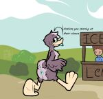 ambiguous_gender anatid animal_genitalia anseriform anthro artist_name avian beak bird black_outline blue_cloaca blue_clothing blue_eyes blue_sweater blue_tongue blue_topwear brown_body brown_feathers brown_hair butt cloaca clothed clothed_human clothed_male clothing cloud directional_arrow duck duo english_text eyebrows feather_tuft feathers genitals grass hair head_tuft human kamoto_vivi lemonade_stand looking_at_another looking_at_viewer looking_back looking_back_at_viewer male mammal nude_ambiguous nude_anthro outline outside plant raised_eyebrows shrub sky smile sweater tail tail_feathers text tongue tongue_out topwear tuft viveka_(kamoto_vivi) walking yellow_beak yellow_body