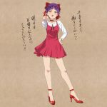  amekasaikuta bangs bare_legs blush bow brooch choker commentary_request contrapposto dress full_body gegege_no_kitarou hair_bow high_heels highres jewelry long_sleeves looking_at_viewer nekomusume nekomusume_(gegege_no_kitarou_6) open_mouth pointing pointy_ears purple_hair red_bow red_choker red_dress red_footwear shirt short_hair simple_background solo standing translated white_shirt yellow_eyes 