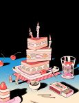  birthday_cake black_background bowl cake cake_slice candle cherry choo cigarette cigarette_butt colored_stripes commentary cup drinking_glass english_commentary english_text floral_print food food_focus fruit glass high_contrast highres juice kiwi_(fruit) kiwi_slice matchbox matchstick napkin no_humans orange_(fruit) original plate simple_background strawberry sweets table 
