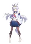  1girl absurdres ahoge animal_ears blue_eyes blue_sailor_collar blue_skirt blush boots brooch closed_mouth commentary_request ear_ornament full_body grey_hair grey_tail hair_between_eyes hairband highres horse_ears horse_girl horse_tail jacket jewelry long_hair long_sleeves midriff multicolored_hair navel neckerchief oguri_cap_(starlight_beat)_(umamusume) oguri_cap_(umamusume) p_changgun panty_straps pleated_skirt red_neckerchief sailor_collar shirt simple_background skirt smile star_brooch tail umamusume white_background white_boots white_jacket white_shirt 