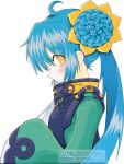  1girl blue_hair blush chinese_clothes commentary_request double_bun from_side hair_bun hair_ornament kikokugai kong_ruili long_hair looking_at_viewer open_mouth sakusankarmin solo twintails upper_body watermark white_background yellow_eyes 