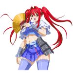  1girl :d armor blue_bow blue_sash blue_shirt blue_skirt blue_thighhighs bow breasts brown_eyes capelet cowboy_shot crop_top curtained_hair folding_fan game_asset hair_tie hand_fan hand_up hip_armor holding holding_fan ikkitousen ikkitousen_extra_burst japanese_armor kanpei_(ikkitousen) kusazuri large_breasts long_hair looking_at_viewer midriff navel non-web_source obi obijime official_art open_mouth print_sash red_hair sash self-datamine shirt simple_background skirt smile solo thighhighs transparent_background twintails variant_set white_capelet wristband zettai_ryouiki 