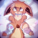 1:1 accessory animal_genitalia animal_vulva blue_clothing blush blush_lines brown_body brown_fur brown_inner_ear canine_genitalia canine_vulva chest_tuft claws clothing collar collar_tag eevee female feral feral_with_hair fluffy fluffy_tail fur generation_1_pokemon genitals hair hair_accessory hairpin heart_collar_tag hi_res legwear lodetail looking_at_viewer lying nintendo on_back paw_pose pokemon pokemon_(species) pose purple_clothing purple_eyes simple_background solo spread_legs spreading tail tan_body tan_fur thigh_highs tuft vulva white_background