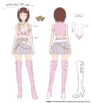  1girl amami_haruka belt boots bow breasts brown_hair closed_mouth collar commentary_request concept_art copyright_notice fingernails front_and_back glitter grey_skirt hair_bow high_heel_boots high_heels highres idolmaster idolmaster_(classic) lam_(ramdayo) luxury_(idolmaster) miniskirt nail_polish navel official_alternate_costume official_art pink_boots pink_diamond_765_(idolmaster) pink_nails pink_vest reference_sheet short_hair simple_background skirt smile studded_collar studs thigh_boots translation_request vest white_background white_belt white_bow white_collar 