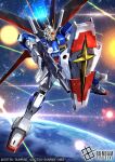  aiming beam_rifle blue_eyes commentary_request company_name copyright_logo copyright_name copyright_notice earth_(planet) energy_gun exhaust explosion force_impulse_gundam gun gundam gundam_card_game gundam_seed gundam_seed_destiny holding holding_gun holding_weapon impulse_gundam kenko_(a143016) logo mecha mecha_focus mobile_suit no_humans official_art outstretched_arm planet robot science_fiction shield solo space sunrise_(company) v-fin weapon 
