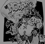 2026 anthro awoogasm bracelet burp_cloud burping burping_up_clothing burping_up_object chest_tuft claws collar digestion digestion_noises facial_piercing fangs fur hair hi_res hyena jewelry male mammal monochrome navel nose_piercing nose_ring obese obese_anthro obese_male open_mouth overweight overweight_anthro overweight_male piercing ring_piercing solo spiked_bracelet spiked_collar spikes standing tail tattoo teeth text tongue tuft vore wild_(wildside)