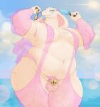 absurd_res anthro armpit_fetish balls beach bedroom_eyes belly belly_overhang big_belly big_moobs blush bow_ribbon chastity_cage chastity_device clothed clothing cobra colored_nails crossdressing crossdressing_male deep_navel exhibitionism eyelashes eyeliner eyeshadow eyewear fat_arms fat_rolls fat_upper_pubic_area femboy femboydom flat_chastity_cage food front_view genitals gold_(metal) gold_chastity_cage gold_chastity_device harem_outfit heart_(marking) hi_res holding_food holding_object holding_popsicle lace lace_gloves lace_panties lace_stockings lens_flare lingerie love_handles makeup male markings marley_(wandwess) midriff moob_cleavage moobs nails narrowed_eyes navel obese obese_male overweight overweight_male panties penis pink_outfit popsicle public public_exposure public_nudity raised_arms reptile scales scalie seductive smile smiling_at_viewer snake snake_hood solo standing stretch_marks sunglasses thick_thighs tongue tongue_out underwear wandwess white_body white_scales wide_hipped_male wide_hips