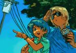  2boys blue_shirt blue_sky char_aznable cup glass gundam highres holding holding_cup kamille_bidan looking_ahead multiple_boys muluo0128 pointing quattro_bajeena shirt sky sunglasses watercolor_effect white_shirt zeta_gundam 