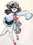  1girl absurdres aqua_(deltarune) aqua_hat aqua_shirt aqua_skin bandaged_leg bandages black_hair blush breasts chinese_clothes colored_skin commentary deltarune fang hat highres jiangshi jiangshi_costume karappoii medium_hair one_eye_covered outstretched_arms pelvic_curtain qingdai_guanmao red_eyes red_shoes shirt shoes short_side_ponytail short_twintails side_ponytail simple_background skin_fang small_breasts solo talisman tassel thick_thighs thighs twintails utdr_(toby_fox) white_background zombie_pose 