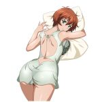  1girl antenna_hair ass back back_cutout black_panties bob_cut breasts brown_hair chinkyuu_koudai closed_mouth clothing_cutout cowboy_shot dress from_above from_behind game_asset green_dress green_eyes hugging_object ikkitousen ikkitousen_extra_burst large_breasts looking_at_viewer lying no_bra non-web_source official_art on_stomach panties pillow pillow_hug see-through_clothes see-through_dress self-datamine short_hair shoulder_blades simple_background sleeveless sleeveless_dress smile solo thong thong_panties transparent_background underbutt underwear variant_set 