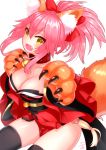  animal_ear_fluff animal_ears bell bell_collar black_legwear blush_stickers cat_paws collar collarbone fangs fate/grand_order fate_(series) fox_ears fox_tail gloves hair_ribbon highres jingle_bell long_hair looking_at_viewer open_mouth paw_gloves paws pink_hair ponytail red_ribbon ribbon simple_background solo tail tamamo_(fate)_(all) tamamo_cat_(fate) thighhighs tranquil-lizer white_background 