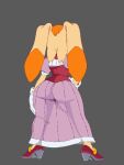 3:4 anthro big_butt big_ears breasts butt clothed clothing dipstick_ears dress ear_markings female floppy_ears footwear fur gloves grey_background handwear head_tuft hi_res kerotheklutz lagomorph leporid long_ears lop_ears mammal markings multicolored_ears orange_body orange_fur pink_clothing pink_footwear pink_shoes pink_topwear purple_clothing purple_dress rabbit rear_view sega shoes simple_background solo sonic_the_hedgehog_(series) tan_body tan_fur thick_thighs topwear translucent translucent_clothing translucent_dress tuft vanilla_the_rabbit white_clothing white_gloves white_handwear wide_hips