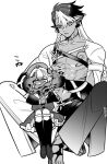  1boy 1girl abs closed_eyes commentary_request covering_another's_mouth female_keeper_(morimens) fins goliath_(morimens) hat head_fins higaragi highres kneehighs looking_at_another monochrome morimens navel neck_tattoo pectorals sandals shoes simple_background size_difference socks sweat tattoo white_background 