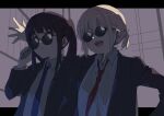  2girls adjusting_eyewear black_hair black_jacket blonde_hair blue_necktie closed_mouth collared_shirt commentary highres ini_yoy inoue_takina jacket letterboxed long_hair looking_over_eyewear lycoris_recoil multiple_girls necktie nishikigi_chisato open_mouth outside_border ponytail red_necktie shirt short_hair short_ponytail sidelocks smile suit_jacket sunglasses tinted_eyewear white_shirt 