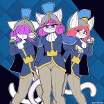 1:1 2026 absurd_res anthro armor belt_buckle black_nose blep blue_eyes breasts buckle clothed clothing cute_fangs digital_media_(artwork) fangs felid feline female fur group hair headgear helmet hi_res looking_at_viewer mammal paw_pose pink_hair pose smile standing tail teeth the_man tongue tongue_out white_body white_fur