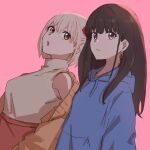  2girls black_hair blonde_hair blue_hoodie breasts brown_cardigan cardigan closed_mouth commentary earrings hair_ribbon hood hood_down hoodie ini_yoy inoue_takina jewelry long_hair lycoris_recoil medium_breasts multiple_girls nishikigi_chisato official_alternate_costume open_cardigan open_clothes open_mouth orange_eyes pink_background purple_eyes red_ribbon ribbon short_hair simple_background sleeveless sleeveless_sweater sweater turtleneck turtleneck_sweater upper_body 