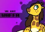 banned_from_equestria brown_hair brown_markings cartoon_freckles character_name colored digital_drawing_(artwork) digital_media_(artwork) english_text eyelashes female feral fur fur_markings giraffe giraffid gradient_background hair hasbro hi_res horn long_hair long_neck lying mammal markings meme multicolored_body multicolored_fur my_little_pony pixel_(artwork) purple_background simple_background solo spots spotted_body spotted_fur style_emulation text toony trans_(lore) trans_woman_(lore) two_tone_body two_tone_fur waffa_(waffafries) waffafries ya_got yellow_body yellow_fur