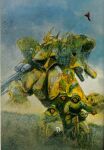  1980s_(style) 3boys army beam_cannon beam_rifle cable camouflage cloud cloudy_sky coat combat_helmet energy_gun goblin_(mobile_suit) goggles gundam gundam_the_revival_of_zeon helmet highres kondou_kazuhisa mecha military military_uniform mobile_suit motor_vehicle motorcycle multiple_boys neo_zeon one-eyed_mecha retro_artstyle riding robot sazabi scan sidecar sky soldier traditional_media war weapon when_you_see_it 