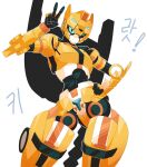 anthro armor black_body blue_eyes cheetah felid feline female gesture hand_gesture headgear helmet hi_res humanoid looking_at_viewer machine mammal mechanic metal_cardbot mouthless robot robot_humanoid rullu_1507 solo tachy_(metal_cardbot) tail v_sign white_body yellow_body
