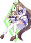  2girls animal_ears azusa_(azusa0325) blush bow bowtie braid breasts brown_eyes brown_hair brown_shoes commentary_request double-parted_bangs dual_persona ear_ornament full_body hair_between_eyes half_up_braid highres horse_ears horse_girl horse_tail large_breasts long_hair mini_person minigirl multicolored_hair multiple_girls open_mouth patterned_hair pleated_skirt puffy_short_sleeves puffy_sleeves purple_bow purple_bowtie purple_shirt sailor_collar sailor_shirt satono_diamond_(umamusume) school_uniform shirt shoes short_sleeves skirt smile streaked_hair summer_uniform tail thighhighs tracen_school_uniform umamusume very_long_hair white_sailor_collar white_skirt white_thighhighs 