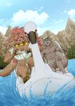 5_fingers 5_toes abs absurd_res anthro athletic athletic_anthro athletic_male big_breasts black_nose boat bottomwear breasts brown_body brown_fur brown_hair butt canid canid_demon canine canis cerberus clothed clothed_anthro clothed_female clothed_male clothing demon duo european_mythology feet female fingers flip_flops footwear fur greek_mythology grey_body grey_fur hair hat headgear headwear hellhound hi_res humanoid_feet humanoid_hands larger_female london_(spinnerette) male male/female mammal minerva_(spinnerette) multi_head muscular muscular_anthro muscular_female mythological_canine mythological_creature mythology plantigrade sandals shoes shorts sitting size_difference smaller_male spinnerette_(webcomic) swan_boat tail toes topless topless_anthro topless_male unknown_artist vehicle water watercraft wolf