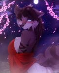 anthro big_breasts big_butt blue_eyes blush blush_lines bodily_fluids breasts brown_hair butt canid canine cherry_blossom chest_tuft covering covering_breasts droplets ear_scar ears_down exposed_butt eye_scar facial_scar flower fluffyscar fox fur glowing glowing_eyes grey_body grey_fox grey_fur hair hariasa_(fluffyscar) hi_res hot_spring looking_at_viewer mammal moon night one_eye_closed petals pivoted_ears plant prunus_(flower) red_towel rock scar scarred_body side_view smile smiling_at_viewer solo star steam striped_body striped_fur stripes sweat sweaty_body sweaty_breasts sweaty_butt sweaty_shoulders tail towel tuft urocyon water wet_hair wink