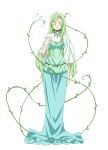  1girl aqua_dress artist_request blue_dress breasts closed_eyes closed_mouth dress dryad facing_viewer full_body green_hair green_shirt hand_on_own_chest jewelry long_hair long_sleeves necklace official_art plant second-party_source shirt simple_background smile solo standing tensei_shitara_slime_datta_ken transparent_background treyni_(tensura) very_long_hair vines white_sleeves 