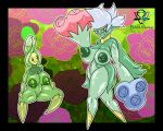areola beady_eyes big_breasts black_border black_eyes border breasts budew deltavinny duo elemental_creature elemental_humanoid eyelashes eyeshadow featureless_feet feet female flora_fauna front_view generation_4_pokemon genitals green_areola green_nipples hair hi_res humanoid looking_at_viewer makeup mask navel nintendo nipples nude petal_hair plant plant_humanoid pokemon pokemon_(species) pokemorph red_eyes roserade smile thick_thighs vulva white_hair wide_hips yellow_eyeshadow