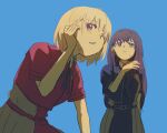  2girls belt blonde_hair blue_background blue_belt blue_dress closed_mouth commentary dress grey_dress ini_yoy inoue_takina logo long_hair lycoris_recoil lycoris_uniform multiple_girls nishikigi_chisato one_eye_closed pleated_dress purple_eyes red_belt red_dress red_eyes short_hair short_sleeves simple_background sweatdrop two-tone_dress 