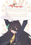  >_< 1girl absurdres ahoge animal_ears arms_up black_coat black_gloves black_hair black_shirt black_skirt cake closed_eyes closed_mouth coat collared_shirt commentary ear_tag earrings english_commentary food gloves hair_between_eyes highres holding holding_tray horse_ears horse_girl horse_tail jewelry long_bangs long_hair long_hair_between_eyes long_sleeves manhattan_cafe_(creeping_shadow)_(umamusume) manhattan_cafe_(umamusume) multicolored_hair necktie oversized_food oversized_object shirt single_earring skirt solo ssekine05 tail tray umamusume white_hair yellow_necktie 