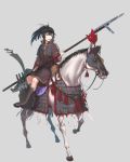  armor armored_boots black_hair boots chinese_armor chinese_commentary commentary_request fangdan_runiu grey_background halberd headband highres holding holding_weapon horse ji_(weapon) knife male_focus military open_mouth original plume polearm ponytail saddle saddlebags sheath sheathed sidesaddle simple_background solo sword tassel weapon 