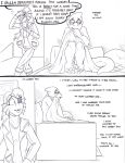  2016 alphys anthro apology awkward bed bedroom black_and_white claws clothed clothing comic covering covering_eyes covering_self duo eyewear female fish glasses hi_res lizard marine monochrome on_bed paws pen_(artwork) pussy reptile scalie simple_background toes traditional_media_(artwork) under_covers undertaild undertale undyne video_games 