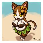 absurd_res accessory animal_crossing anthro belly big_breasts breasts brown_body brown_fur coconut_(luckythe3rdcat) coconut_bra domestic_cat fan_character felid feline felis female flower flower_in_hair fur hair hair_accessory hi_res high-angle_view leaf_skirt looking_at_viewer mammal nintendo plant promedio slightly_chubby solo thick_thighs