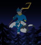 2022 5_fingers anthro balls_outline belt black_mask black_nose blue_clothing blue_footwear blue_gloves blue_handwear blue_hat blue_headwear blue_shirt blue_socks blue_topwear brown_eye bulge clothed clothing detailed_bulge digital_drawing_(artwork) digital_media_(artwork) evergreen_tree eyemask eyewear fingers footwear forest fur genital_outline gloves grey_body grey_fur handwear hat headgear headwear hi_res male mammal markings night pantsless penis_outline pine_tree plant pointy_ears procyonid raccoon ring_(marking) ringed_tail rxq shirt slim sly_cooper sly_cooper_(series) smile snout socks solo sony_corporation sony_interactive_entertainment staff striped_markings striped_tail stripes sucker_punch_productions tail tail_markings thong toeless_footwear toeless_socks topwear tree treetop underwear