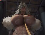 animal_ears animal_humanoid big_breasts biped blush bodily_fluids breasts cat_humanoid clothed clothed_female clothed_humanoid clothing collar felid felid_humanoid feline feline_humanoid female female_humanoid ghislaine_dedoldia grey_hair hair hi_res huge_breasts humanoid inner_ear_fluff leash leashed_collar long_hair looking_at_viewer mammal mammal_humanoid mushoku_tensei oroborus solo sweat sweatdrop sweaty_breasts tuft white_inner_ear_fluff