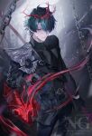  1boy absurdres arknights arknights:_endfield arm_strap asymmetrical_gloves belt blood blood_on_face blue_eyes blue_hair camille_(arknights) chain closed_mouth commentary_request earrings gloves halo highres holding holding_polearm holding_weapon jewelry key looking_at_viewer male_focus multiple_rings neck_tattoo onul_l pointy_ears polearm red_halo ring single_earring snowflakes snowing solo tattoo vampire weapon 