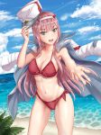  2 bangs beach beckoning bikini blue_sky breasts cleavage cloud collarbone commentary_request darling_in_the_franxx day eyebrows_visible_through_hair fangs hairband hand_up hat hat_removed hat_tip headwear_removed highres holding holding_hat horizon horns jacket_on_shoulders large_breasts long_hair looking_at_viewer mimatsuki_(user_vrmu4552) navel ocean outstretched_arm pink_hair red_bikini sharp_teeth shiny shiny_skin sky solo standing swimsuit teeth white_coat white_hairband zero_two_(darling_in_the_franxx) 