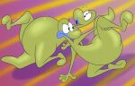 abstract_background alternate_version_at_paywall anthro belly blue_lips bodily_fluids butt casual_nudity chameleon chuck_chameleon cross-eyed digital_drawing_(artwork) digital_media_(artwork) duo eyebrows featureless_crotch gavanzude glistening glistening_belly glistening_body glistening_butt green_body green_skin hi_res leon_chameleon lips lizard male nickelodeon one_leg_up pear-shaped_figure raised_eyebrow raised_leg reptile rocko's_modern_life scalie signature sweat tail thick_tail wide_hips yoga