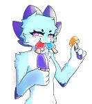 4_fingers anthro blue_body blue_fur blue_pawpads breasts canid canine casualties:_unknown cheek_tuft chest_tuft dessert eyebrows eyelashes facial_tuft female fingers fluffy food food_in_mouth fox fur gunsaw gunsawian happy hi_res holding_food holding_ice_cream holding_object horn humanoid_face ice_cream livecalculus looking_at_viewer mammal pawpads paws pink_eyes popsicle popsicle_in_mouth roza_(gunsawian) simple_background small_breasts smug_face solo standing text tuft white_background white_body white_fur