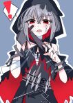  ! 1girl bandaged_arm bandages bandaid bandaid_on_face bare_shoulders black_choker black_dress black_gloves black_hood black_mask black_tank_top chest_sarashi choker colored_inner_hair crossed_bangs cuffs dress food gauze_on_arm gloves grey_background grey_hair hair_between_eyes hair_ornament highres imozamu jewelry looking_at_viewer mahou_shoujo_no_majo_saiban mask mask_pull mouth_mask multicolored_hair nail_polish open_mouth red_eyes red_hair red_nails ring sarashi shackles shito_alisa short_hair simple_background solo spoken_exclamation_mark steamed_bun stitched_face stitches straight-on tank_top torn_clothes torn_dress upper_body x_hair_ornament 