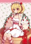  :q alternate_headwear arm_ribbon bare_arms bare_shoulders beni_kurage blonde_hair blush collarbone commentary_request dress eyebrows_visible_through_hair feet_out_of_frame flandre_scarlet food fruit hair_between_eyes hairband halter_dress halterneck hand_to_own_mouth highres in_food looking_at_viewer pancake red_eyes red_ribbon red_sash ribbon short_hair side_ponytail sitting smile solo strawberry striped striped_background syrup tongue tongue_out touhou vertical-striped_background vertical_stripes whipped_cream white_background white_dress wings 
