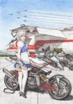  :d aircraft airplane apron bimota_tesi-3d black_footwear blue_eyes blue_skirt blue_sky blue_vest braid breasts colored_pencil_(medium) colored_smoke commentary_request condensation_trail day ducati fighter_jet forest frilled_apron frilled_skirt frilled_sleeves frills from_behind full_body green_neckwear green_ribbon ground_vehicle hair_between_eyes hair_ribbon heel_raised high_heels highres izayoi_sakuya jet large_breasts looking_at_viewer maid_headdress military military_vehicle motor_vehicle motorcycle mountain nature neck_ribbon nose open_mouth outdoors parted_lips puffy_short_sleeves puffy_sleeves ribbon rpracing runway shirt shoes short_hair short_sleeves side_braids signature silver_hair skirt skirt_hold sky smile solo standing stiletto_heels thick_eyebrows thigh_strap thighhighs tongue touhou traditional_media twin_braids twisted_torso vehicle_request vest waist_apron white_legwear white_shirt zettai_ryouiki 