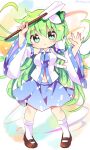  1girl blue_skirt blush bobby_socks brown_shoes closed_mouth collared_shirt commentary_request detached_sleeves frog_hair_ornament gohei green_eyes green_hair hair_between_eyes hair_ornament hair_tubes highres japanese_clothes kochiya_sanae long_hair mary_janes miko one-hour_drawing_challenge ramudia_(lamyun) shirt shoes skirt sleeveless sleeveless_shirt snake_hair_ornament socks solo touhou white_background white_shirt white_socks 