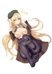  absurdres ass bangs beret black_legwear blonde_hair blue_skirt blush breasts breasts_outside brown_shirt cameltoe collared_shirt commentary_request eyebrows_visible_through_hair eyes_visible_through_hair feet full_body girls_frontline greem_bang green_eyes green_hat green_neckwear groin hair_between_eyes hair_ornament hair_over_breasts hairband hands_up hat highres korean_commentary large_breasts leg_up legs_up long_hair looking_at_viewer lying m1_garand_(girls_frontline) necktie no_bra on_back open_clothes panties pantyhose pleated_skirt purple_panties ribs shiny shiny_skin shirt sidelocks simple_background skirt smile soles solo thighs underwear very_long_hair white_background wing_collar 