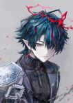  1boy absurdres arknights arknights:_endfield blue_eyes blue_hair camille_(arknights) closed_mouth commentary_request hair_between_eyes halo hasura_(coconutice) head_tilt highres looking_at_viewer male_focus neck_tattoo pointy_ears red_halo solo tattoo turtleneck vampire 