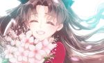  black_bow bouquet bow brown_hair closed_eyes eyebrows_visible_through_hair fate/stay_night fate_(series) floating_hair flower grin hair_bow holding holding_bouquet long_hair portrait red_shirt ro96cu shirt simple_background smile solo toosaka_rin white_background white_flower 