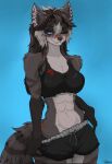 5_fingers abs anthro athletic athletic_female belly black_bottomwear black_bra black_clothing black_hands black_shorts black_sports_bra black_underwear blue_background blue_eyes bottomwear bra breasts brown_hair canid canine clothing ear_scar eye_scar facial_scar female fingers fluffyscar fox fur gesture glowing glowing_eyes grey_body grey_fox grey_fur hair hariasa_(fluffyscar) hi_res mammal navel one_eye_closed pulling_shorts_down scar scarred_body shorts simple_background smile solo sports_bra suggestive suggestive_gesture thick_thighs underwear urocyon white_belly white_hair_tips wink